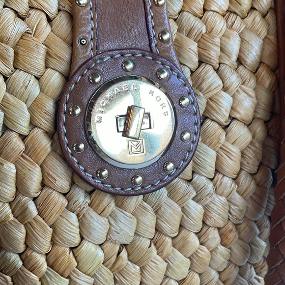 Michael Kors large straw rattan lined shoulder tote bag leather &  gold accents - Picture 3 of 10